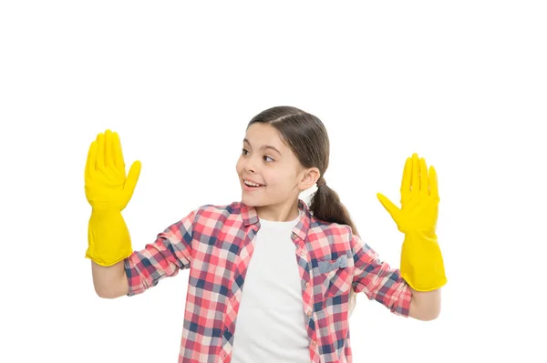 General clean up. Yellow gloves for cleaning the house. housework concept. time for washing. Cleaning supplies advertisement. small girl cleaning in rubber gloves. kid clean house in latex gloves — Stock Photo, Image
