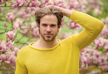 Bahar sezonu. Botanik ve doğa. Mutlu bahar konsepti. Hippi çiçek aromasının tadını çıkarır. İlkbahar konsepti. Tıraşsız bir adam manolya çiçeği koklar. Erkek çiçekli arka plan çözüldü. Bahar güzeli