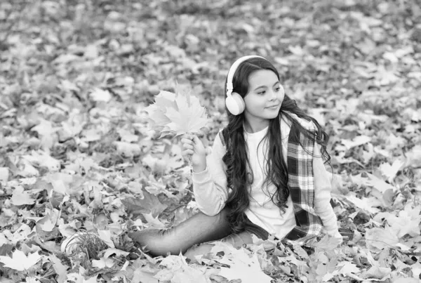 Perdido en pensamientos. Caída de hojas de arce en el parque. educación en línea. felicidad infantil. belleza y naturaleza. niño feliz usar auriculares. chica escuchar música en el camino a la escuela. niño relajarse en el bosque de otoño — Foto de Stock