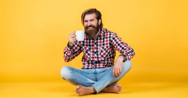 Kareli gömlekli, modaya uygun saç stili olan beyaz bir hippi sabah kahvesi ya da fincandan çay içer, ilham verir.