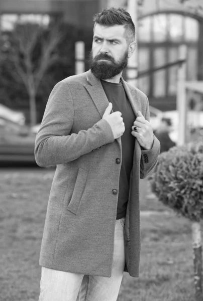 Szakállas hipster srác elegáns frizura viselet kabát és farmer a gyaloglás, divat megjelenés — Stock Fotó