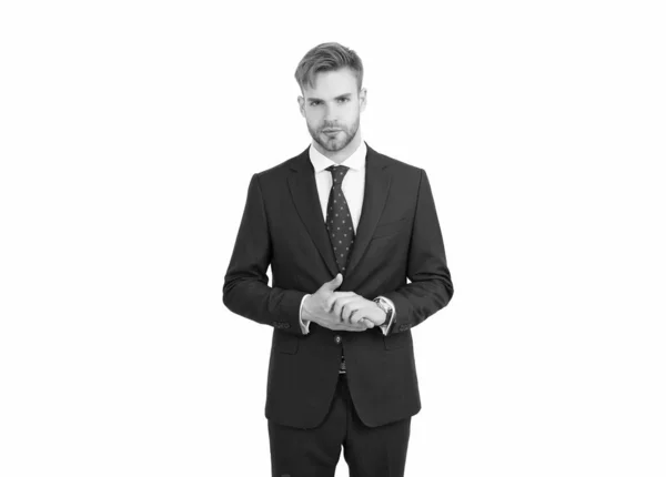 Pessoas ricas. chefe confiante isolado no branco. o tipo preparado veste roupas elegantes. Salão de barbearia. ceo tem negócios bem sucedidos. estilo formal moderno. Bonito homem de negócios de fato. masculino escritório moda — Fotografia de Stock