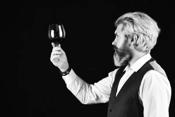 Вітаю друзів. Чоловічий досвідчений сомельє оцінює алкогольний напій. червоне вино в келихах. Бородатий чоловік досліджує смак вина в ресторані. Перевірка кольору і відкладень вина. Дегустація вин — стокове фото