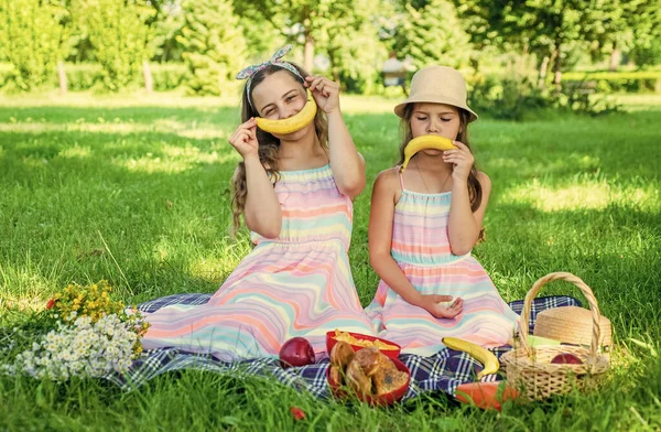 Funny little kids make sad and happy smiley emoticons with banana fruit at picnic on green grass on sunny summer landscape, fun