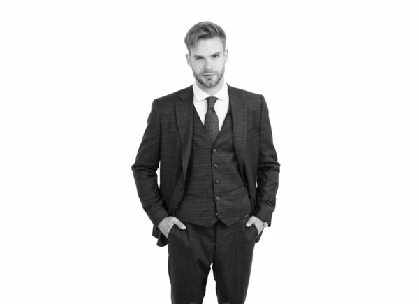 Handsome confident businessman in formal suit isolated on white, business — Stock Photo, Image