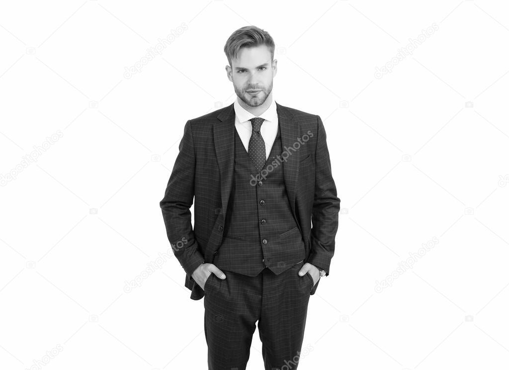 handsome confident businessman in formal suit isolated on white, business