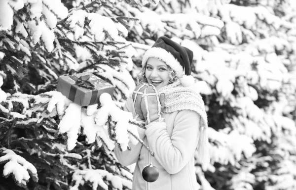 Miłej zabawy. Najlepsze życzenia. Koncepcja ferii zimowych. Kobieta ciepłe ubrania śnieżny las. Dzień boksu. Wesołych Świąt. Wybieram choinkę na targu. Natura pokryła śnieg. Nowy rok. Dziewczyna świętować Boże Narodzenie — Zdjęcie stockowe