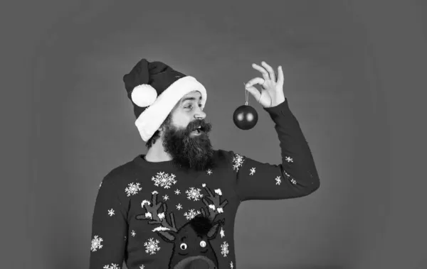 New year party decor. Prepare for holiday. Ready to celebrate. Just for fun. Run xmas party. Organise party. Winter inspiration. Decorate your home. Bearded hipster man hold christmas decoration — Stock Photo, Image