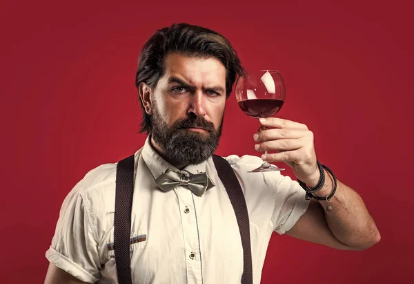 Vino de vino tinto en mano de sommelier masculino apreciando bebida, barman — Foto de Stock