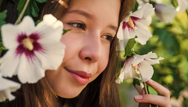 Menina com hibisco arbusto flor na primavera florescendo temporada ou verão natureza, beleza — Fotografia de Stock