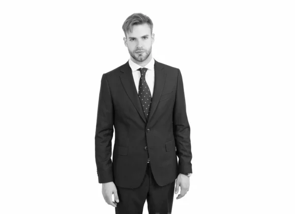 Male office fashion. confident billionaire. boss isolated on white. groomed guy wear elegant apparel. barbershop salon. ceo has successful business. modern formal style. handsome businessman in suit — Stock Photo, Image