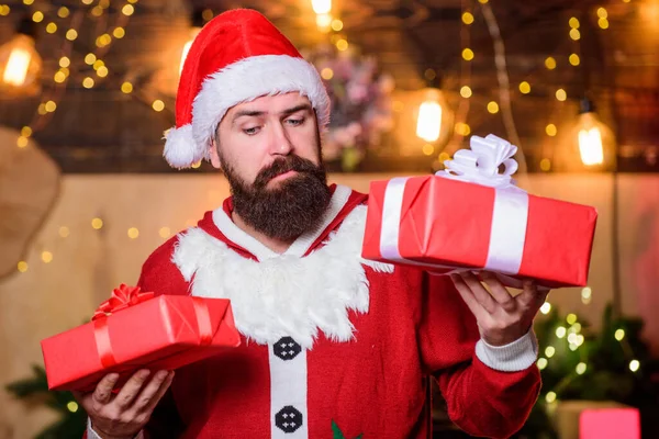 Man bearded santa celebrate christmas with presents. May your home be filled with all joys of season. New year celebration. Santa claus hold gift box. Celebrate with joy. Celebrate winter holidays — Stock Photo, Image