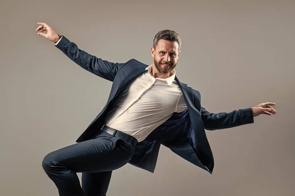 Pure happiness. handsome happy ceo. bearded businessman dancing in suit. confidence and success. male formal fashion. celebrate successful business. stylish business man. fashion and beauty — Stock Photo, Image