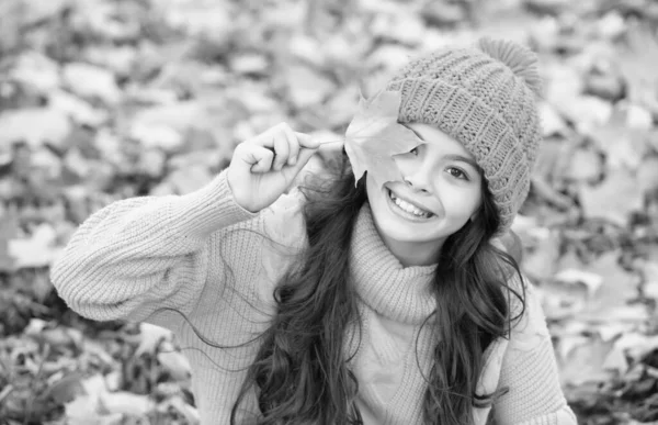 Perfecto día de otoño de chica alegre en sombrero de punto y suéter relajarse en el bosque de temporada de otoño disfrutando del buen tiempo, diversión de otoño — Foto de Stock