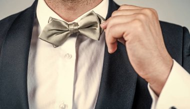 Smokin giymiş şık, gümüş renkli papyon resmi moda tarzı, zarafet.