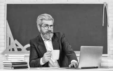 Öğretmen programlama dili öğretiyor. Öğretmenim sınıfta. Adım adım video izlemeyi öğrenin. Yakışıklı adam modern teknolojiyi kullanıyor. Dijital teknoloji. Dizüstü bilgisayarı olan öğretmen. Web Geliştirme