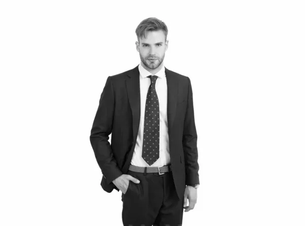 Επιτυχημένος μάνατζερ με επίσημα ρούχα. επαγγελματίας επιχειρηματίας σε επιχειρηματικό στυλ. κίνητρο και επιτυχία. Όμορφος δικηγόρος με γραβάτα. περιποιημένο εργοδότη. επιχειρηματίας με αυτοπεποίθηση στο κοστούμι — Φωτογραφία Αρχείου