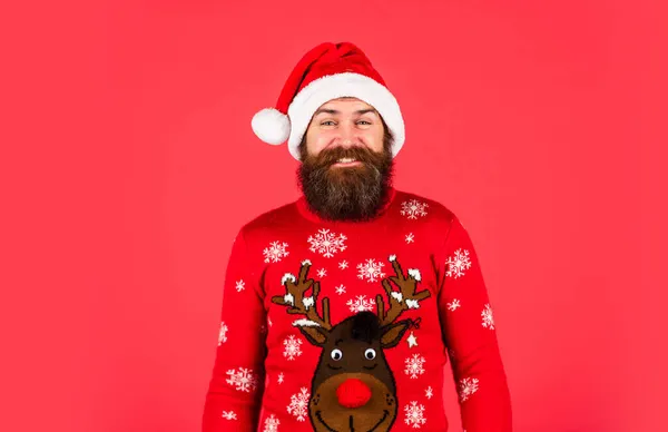 Julefrokost. skægget julemand claus i hat. Moden mand i trøje rød baggrund. klar til julegaver og gaver. nytår shopping rabatter. fejre festen - Stock-foto