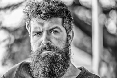 Sakallı ve bıyıklı adam düşünceli ve sorunlu. Düşünceli ruh hali konsepti. Önemli hayat seçimleri yapmak. Zor bir karar. Sakallı adam konsantre olmuş yüz. Sakallı hippi. Düşünceli bir ifade.