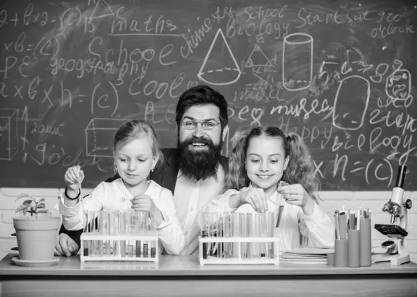 Στο εργαστήριο. Μικρά κορίτσια που κρατούν δοκιμαστικούς σωλήνες στο σχολικό εργαστήριο. Μικροί μαθητές και δάσκαλοι κάνουν εργαστηριακή έρευνα. Παιδιά που πραγματοποιούν δοκιμές με γυάλινα σκεύη εργαστηρίου. Επιστημονικό εργαστήριο για το σχολείο — Φωτογραφία Αρχείου