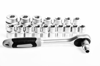 soket anahtarı. mükemmel araç kiti. Krom Vanadyum Çelik. metallized düzeltme ekipmanları. beyaz arka planda izole edilmiş soket anahtarı. Yolunuza geri dönün