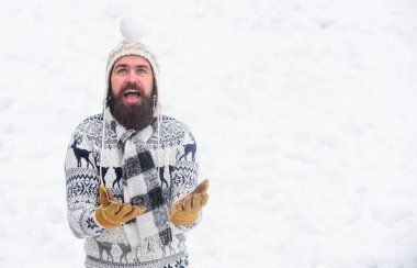 Tatil programı. Mutlu hipster kartopu oynar. Sakallı, kalın elbiseli bir adam. Mutlu yıllar. Adam dışarıda eğleniyor. Kış mevsimi. Noel kar aktivitesi. Kış tatili Xmas 'tan önce sabah