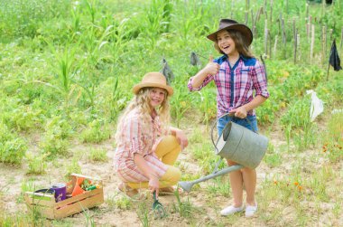 Bahçede çalışan köylü çocuklar. Çiçek ekmek ve sulamak. Sebze ekiyorum. İyi bir hasat için umut. Kardeşler birlikte çiftliğe yardım ediyorlar. Çiçek eken kızlar. Tarım konsepti. Sebze yetiştiriyorum