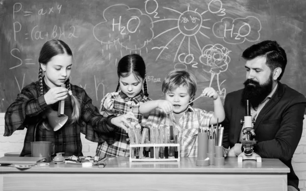 Professora e alunos testam tubos em sala de aula. Clube temático de química. Tópico do nosso clube. Interação de grupo e comunicação. Clube incluem variedade de atividades com química. Escola de educação clube — Fotografia de Stock