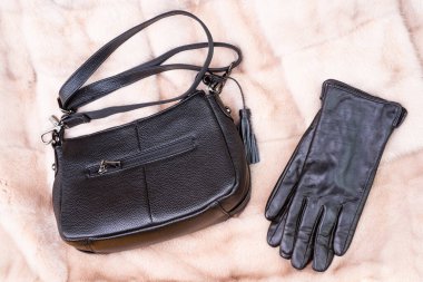 Şık deri eldivenler ve kürk arka planda çanta, moda