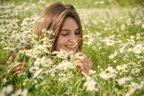 自然の美しさ。カモミール畑の女性。夏の花の草原。カモミールの中で美しい女性. — ストック写真