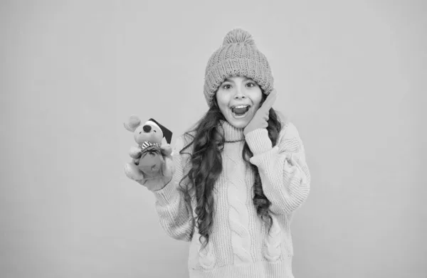 Girl sincere emotional child hold rat or mouse toy. Come play with me. Happy childhood. Rat symbol year. Plush toy. Child play cute small toy. Buy gifts. Kindergarten and school. Toys shop concept — Stock Photo, Image