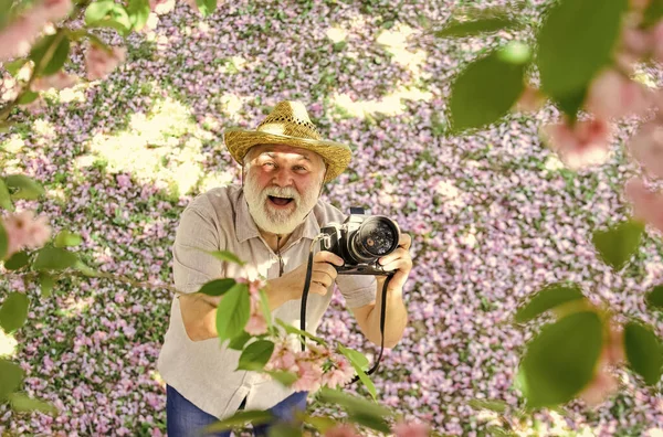 Grandfather photographer. Education for elderly. Power behind picture. Vintage camera. Retro camera. Old happy man. Retirement Hobbies. Senior man holding professional camera. Photography courses — Stock Photo, Image