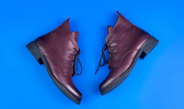 Obchod s botami. nákupní koncept. samičí kožená stylová obuv. pár módních kožených bot. — Stock fotografie