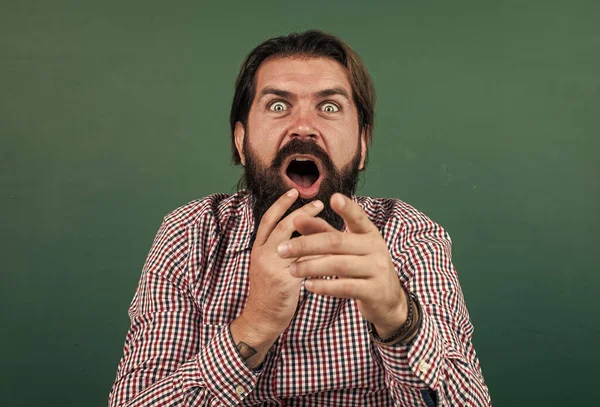 Oh, Dios mío. hombre barbudo brutal usar casual camisa a cuadros y miedo. expresar emociones humanas de horror. hipster caucásico sobre fondo verde. maestro maduro asustado en el fondo de pizarra — Foto de Stock