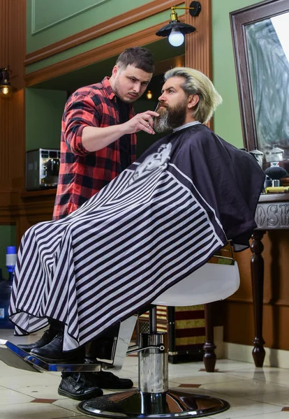 Професійний стиліст. догляд за чоловіком-перукарем. перукарня. жорстокий бородатий чоловік в перукарні . — стокове фото