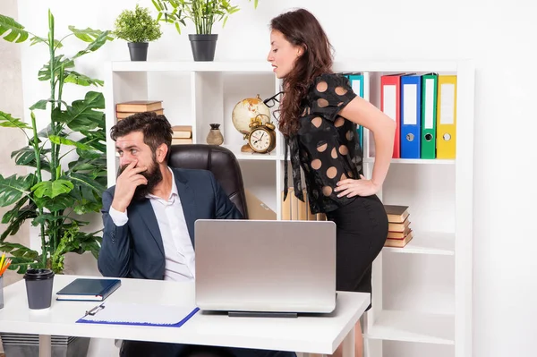 Office manager flirt with boss at workplace, flirting — Stock Photo, Image