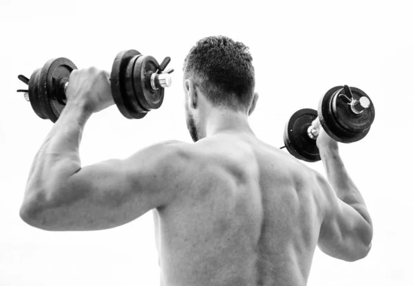 Mode de vie sain. corps athlétique. Gymnase d'haltères. équipements de fitness et de sport. homme sportif haltérophilie. stéroïdes. Musclé dos homme exercice le matin avec haltère. Travailler ses muscles centraux — Photo