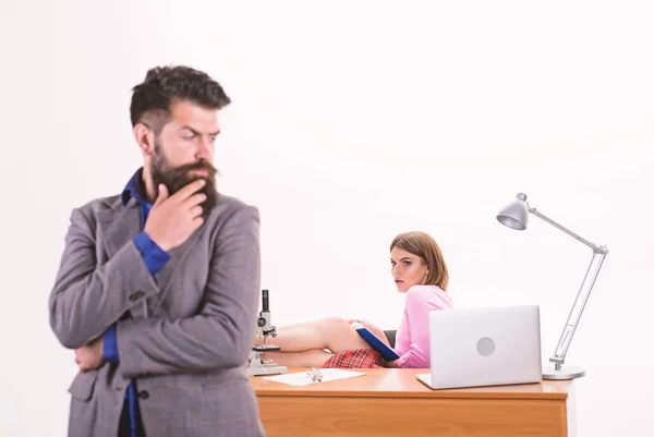 Company spirit. Sensual company secretary looking at boss. Sexy woman and bearded man working for budding company. Running family company together — Stock Photo, Image