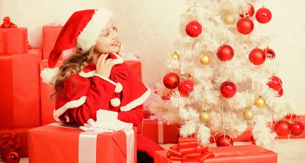 Atividade de férias acarinhada. Junte-se à celebração de Natal. Criança a decorar a árvore de Natal. A criança gosta da tradição familiar. Menina sorrindo adorável Papai Noel sentar perto de árvore de Natal. Conceito véspera de Natal Imagens Royalty-Free