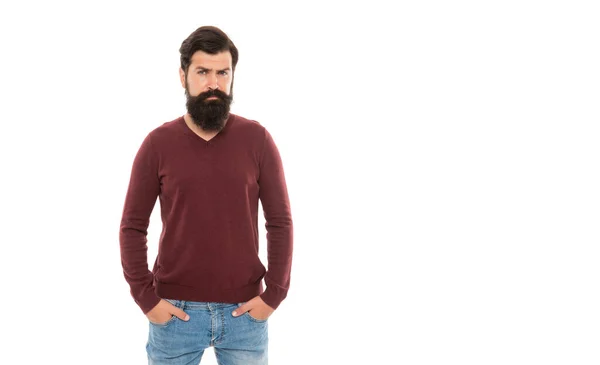 Skäggig man med mustasch isolerad på vit bakgrund med kopieringsutrymme, casual — Stockfoto