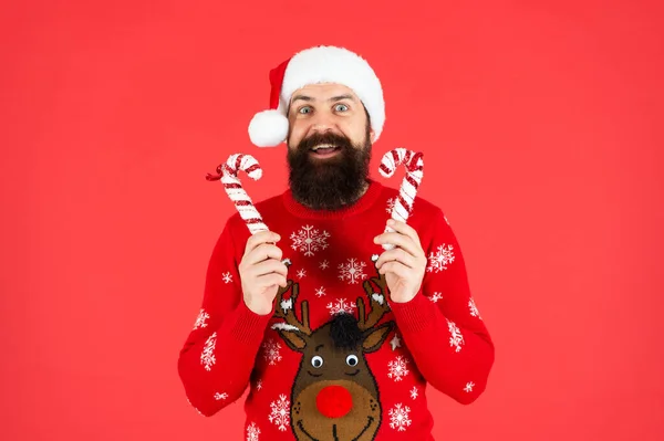 Feliz barbudo homem em santa claus chapéu e suéter segurar doces vara no fundo vermelho, xmas — Fotografia de Stock