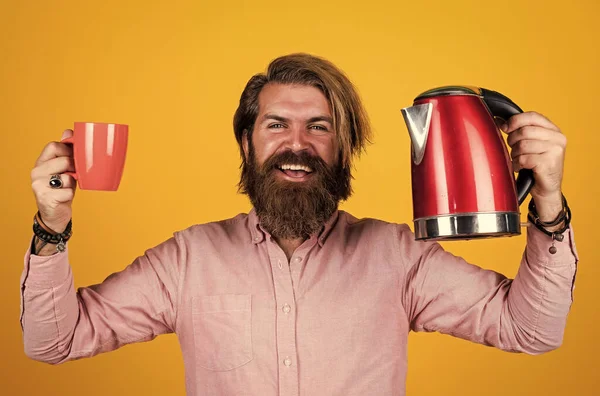 have a happy day. drink hot tea. bearded man shop assistant presenting kitchen utensil. useful in housekeeping. mature charismatic male use electric kettle. guy with beard and moustache make tea