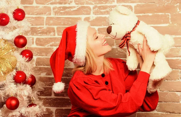 New Year party. girl with cute puppy dog. happy new year. dog year. merry  christmas. perfect xmas present. best gift ever. sexy woman in santa hat.  sensual girl in erotic lingerie Stock