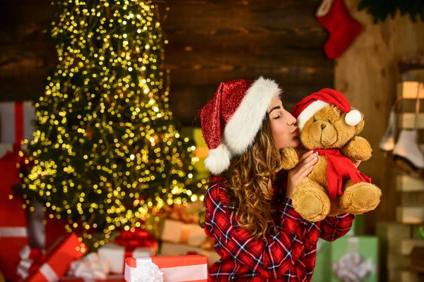 Happy girl at christmas tree. Pleasant time. Woman enjoy festive mood. Winter decorations. Celebrate holiday. Christmas preparations. Holiday celebration. Happy new year. Christmas tradition — Stockfoto