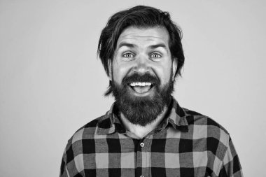 Tıraşsız, mutlu, gür sakallı, saç bakımlı bir adam.