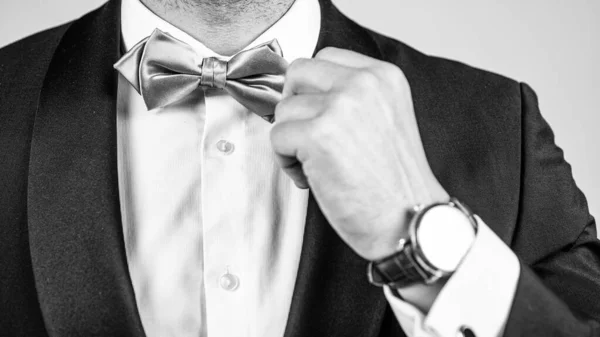Perfect choice for elegant look. Male hand fix silver bow tie. Fashion accessory. Wedding and prom party. Holiday celebration. Formal event. Festive occasion. Very classy and elegant — Stock Photo, Image