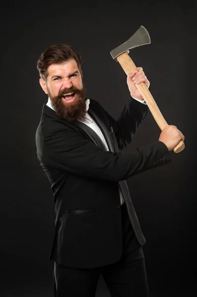 Threatening and angry screaming. Angry guy scream threaten with axe. Bearded man hold hatchet — Fotografia de Stock
