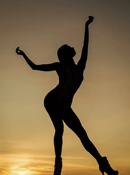 댄스 자세. 암흑 과 광명 이 같지 아니하며. 하늘을 배경으로 한 실루엣이라는 여성. 자유 의식 — 스톡 사진