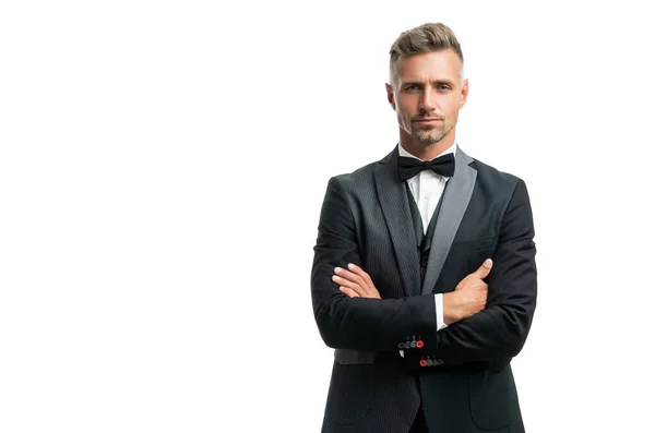 Mature man in bow tie suit crossed hands. businessman isolated on white. gentleman in formal wear. — Stockfoto