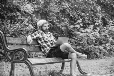 Çalış ve rahatla. İnternette çalışıyorum. Hippi parkta ilham kaynağı oldu. Çevik iş. Sakallı adam yedek kulübesinde oturuyor. Modern laptop. Uzaktan kumanda. Temiz hava. Gezici internet. İnternetten alışveriş